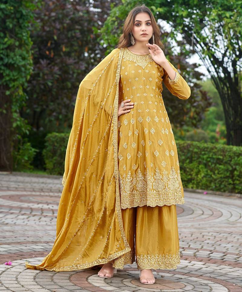Yellow chinon stitched top with stitched chinon bottom and chinon dupatta 3/4 sleeve embroidered a-line kurta