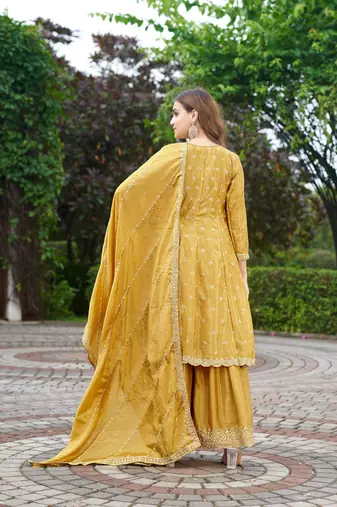 Yellow chinon stitched top with stitched chinon bottom and chinon dupatta 3/4 sleeve embroidered a-line kurta