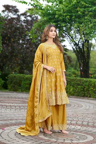 Yellow chinon stitched top with stitched chinon bottom and chinon dupatta 3/4 sleeve embroidered a-line kurta
