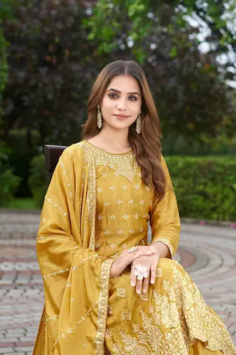 Yellow chinon stitched top with stitched chinon bottom and chinon dupatta 3/4 sleeve embroidered a-line kurta