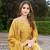 Yellow chinon stitched top with stitched chinon bottom and chinon dupatta 3/4 sleeve embroidered a-line kurta