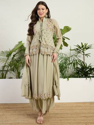 Green faux georgette half sleeve embroidered gown with jacket and dupatta 1