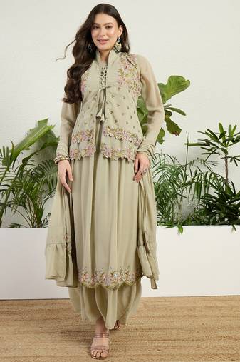 Green faux georgette half sleeve embroidered gown with jacket and dupatta