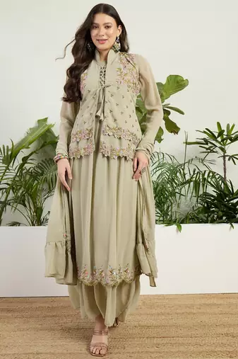 Green faux georgette half sleeve embroidered gown with jacket and dupatta