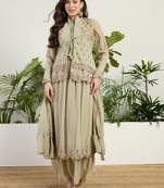 Green faux georgette half sleeve embroidered gown with jacket and dupatta