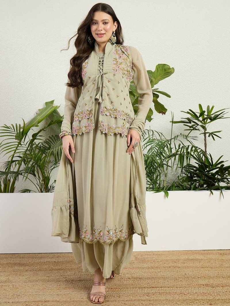 Green faux georgette half sleeve embroidered gown with jacket and dupatta