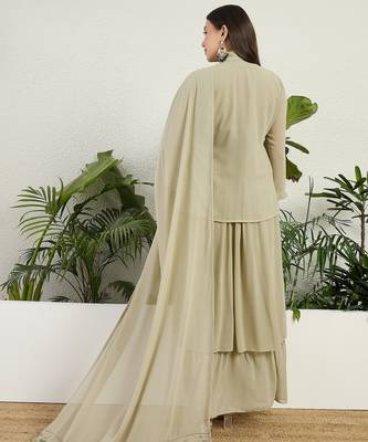 Green faux georgette half sleeve embroidered gown with jacket and dupatta 2