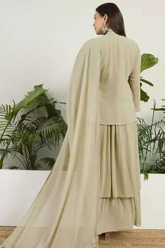 Green faux georgette half sleeve embroidered gown with jacket and dupatta