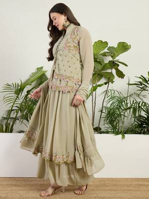 Green faux georgette half sleeve embroidered gown with jacket and dupatta 3
