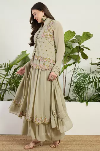 Green faux georgette half sleeve embroidered gown with jacket and dupatta