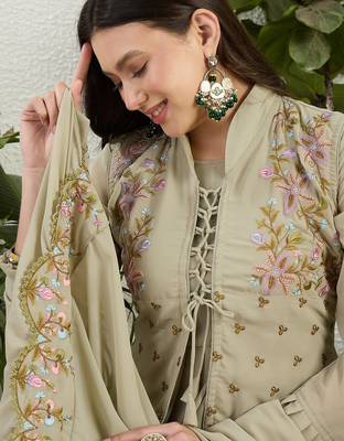 Green faux georgette half sleeve embroidered gown with jacket and dupatta 4