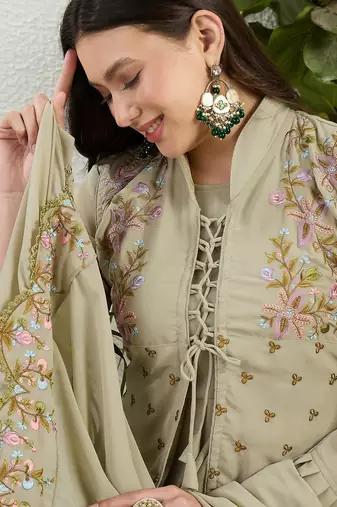 Green faux georgette half sleeve embroidered gown with jacket and dupatta