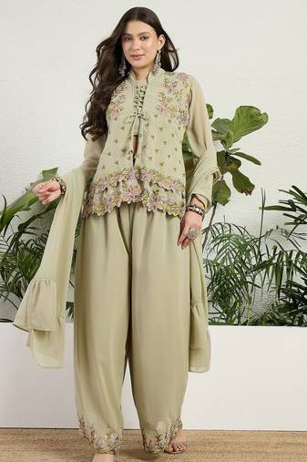 Green faux georgette half sleeve embroidered kurta palazzo set with jacket