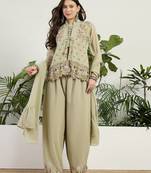 Green faux georgette half sleeve embroidered kurta palazzo set with jacket