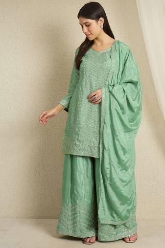Teal chinon stitched top with stitched chinon bottom and chinon dupatta 3/4 sleeve embroidered straight kurta