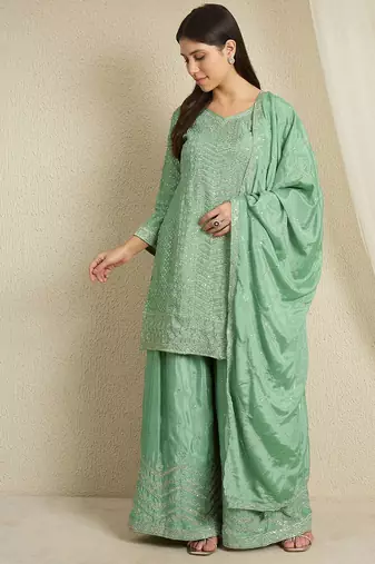Teal chinon stitched top with stitched chinon bottom and chinon dupatta 3/4 sleeve embroidered straight kurta