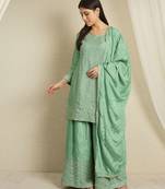 Teal chinon stitched top with stitched chinon bottom and chinon dupatta 3/4 sleeve embroidered straight kurta