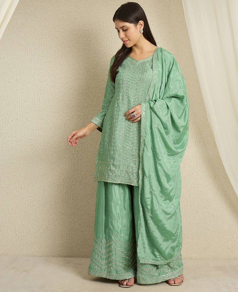 Teal chinon stitched top with stitched chinon bottom and chinon dupatta 3/4 sleeve embroidered straight kurta