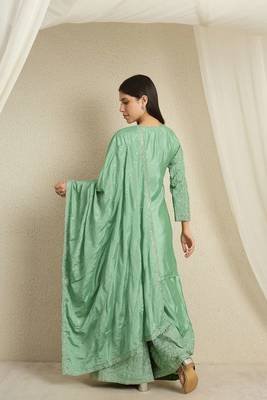 Teal chinon stitched top with stitched chinon bottom and chinon dupatta 3/4 sleeve embroidered straight kurta 2