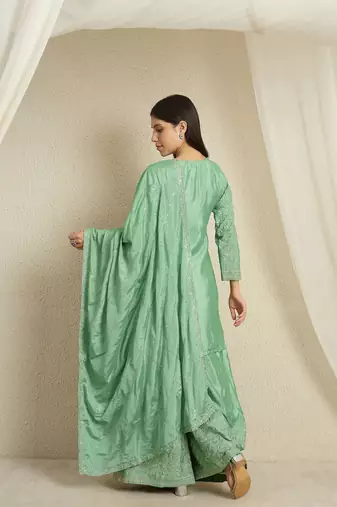 Teal chinon stitched top with stitched chinon bottom and chinon dupatta 3/4 sleeve embroidered straight kurta