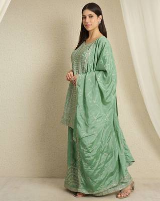 Teal chinon stitched top with stitched chinon bottom and chinon dupatta 3/4 sleeve embroidered straight kurta 3