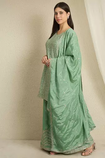 Teal chinon stitched top with stitched chinon bottom and chinon dupatta 3/4 sleeve embroidered straight kurta