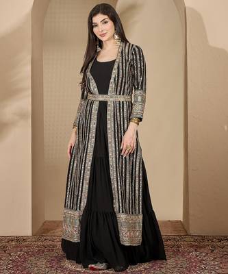 Black faux georgette full sleeve embroidered gown with jacket and dupatta 1