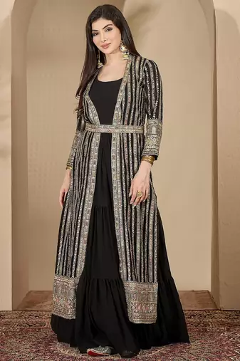 Black faux georgette full sleeve embroidered gown with jacket and dupatta