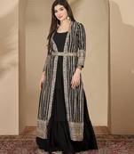 Black faux georgette full sleeve embroidered gown with jacket and dupatta