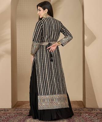Black faux georgette full sleeve embroidered gown with jacket and dupatta 2