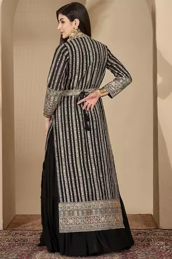 Black faux georgette full sleeve embroidered gown with jacket and dupatta