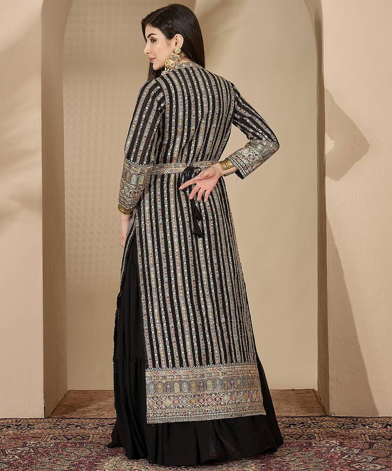 Black faux georgette full sleeve embroidered gown with jacket and dupatta