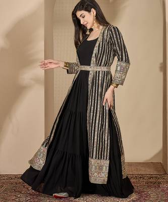 Black faux georgette full sleeve embroidered gown with jacket and dupatta 3