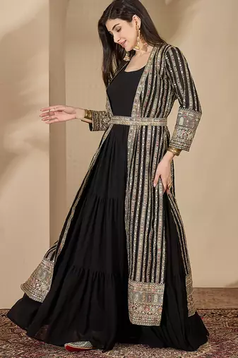 Black faux georgette full sleeve embroidered gown with jacket and dupatta