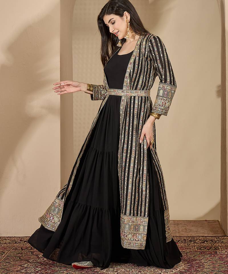 Black faux georgette full sleeve embroidered gown with jacket and dupatta