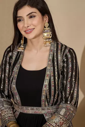 Black faux georgette full sleeve embroidered gown with jacket and dupatta