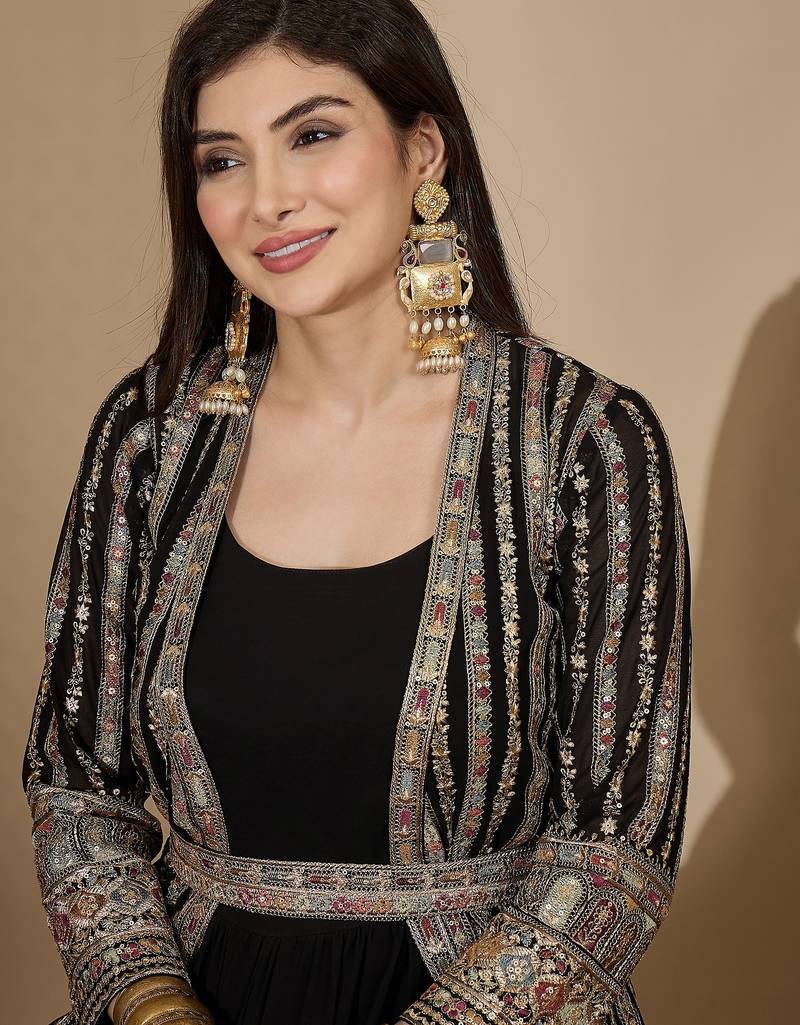 Black faux georgette full sleeve embroidered gown with jacket and dupatta