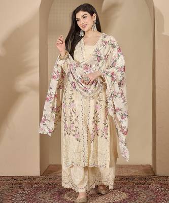 Cream chinon stitched top with stitched chinon bottom and chinon dupatta 3/4 sleeve embroidered straight kurta 1