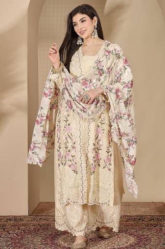 Cream chinon stitched top with stitched chinon bottom and chinon dupatta 3/4 sleeve embroidered straight kurta