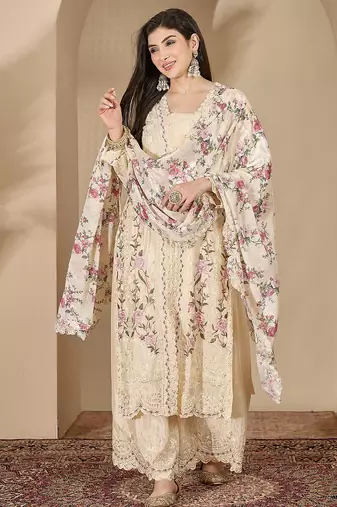Cream chinon stitched top with stitched chinon bottom and chinon dupatta 3/4 sleeve embroidered straight kurta