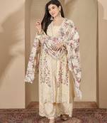 Cream chinon stitched top with stitched chinon bottom and chinon dupatta 3/4 sleeve embroidered straight kurta