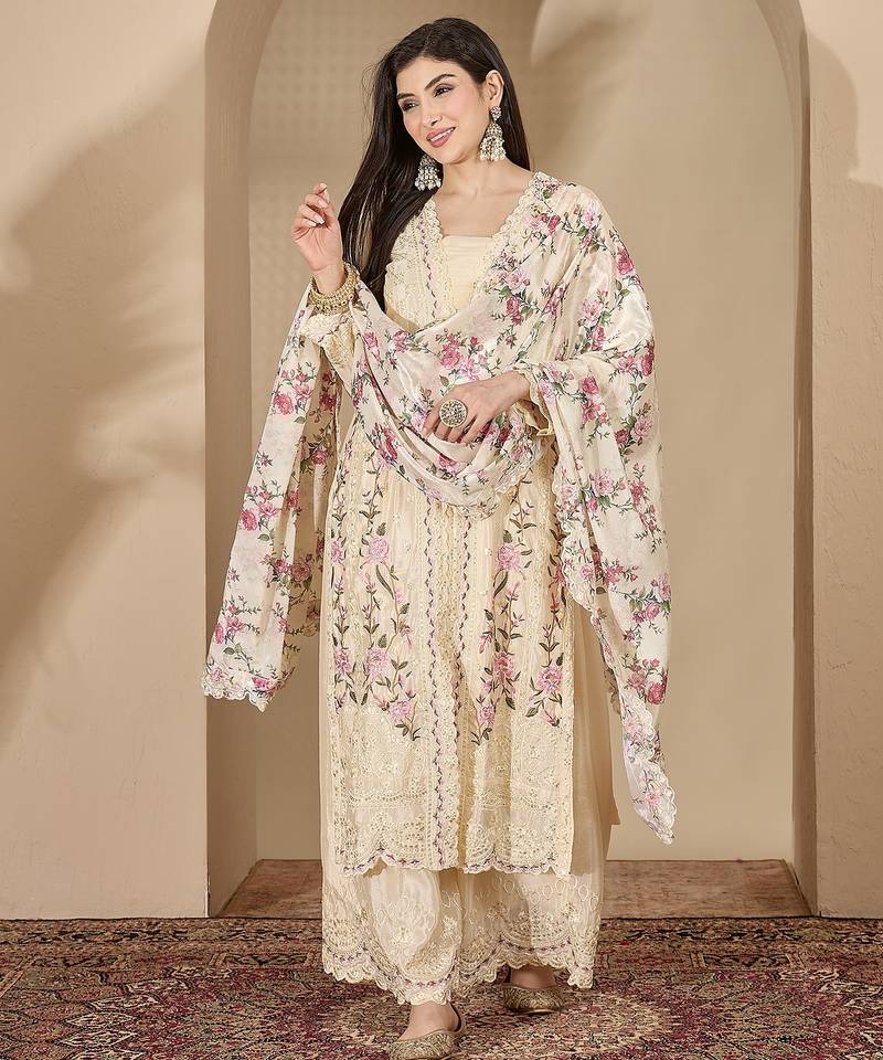 Cream chinon stitched top with stitched chinon bottom and chinon dupatta 3/4 sleeve embroidered straight kurta