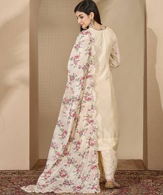 Cream chinon stitched top with stitched chinon bottom and chinon dupatta 3/4 sleeve embroidered straight kurta 2