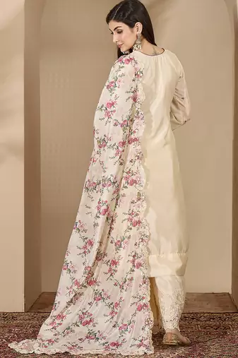 Cream chinon stitched top with stitched chinon bottom and chinon dupatta 3/4 sleeve embroidered straight kurta