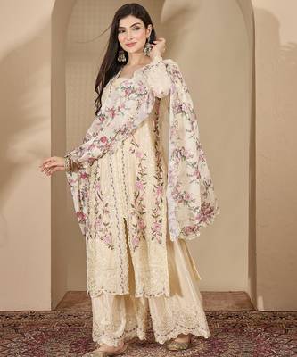 Cream chinon stitched top with stitched chinon bottom and chinon dupatta 3/4 sleeve embroidered straight kurta 3