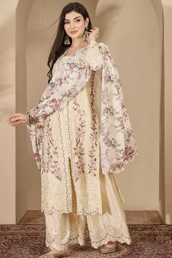 Cream chinon stitched top with stitched chinon bottom and chinon dupatta 3/4 sleeve embroidered straight kurta
