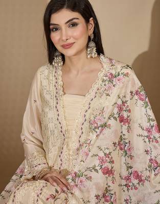 Cream chinon stitched top with stitched chinon bottom and chinon dupatta 3/4 sleeve embroidered straight kurta 4
