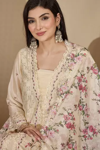 Cream chinon stitched top with stitched chinon bottom and chinon dupatta 3/4 sleeve embroidered straight kurta