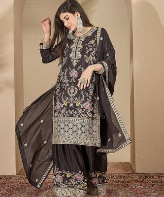 Black chinon stitched top with stitched chinon bottom and chinon dupatta full sleeve embroidered straight kurta 1