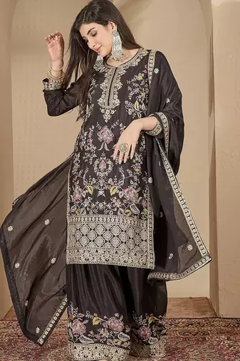 Black chinon stitched top with stitched chinon bottom and chinon dupatta full sleeve embroidered straight kurta